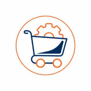 Blue and orange shopping cart with an orange gear inside, symbolizing industry or manufacturing within commerce.