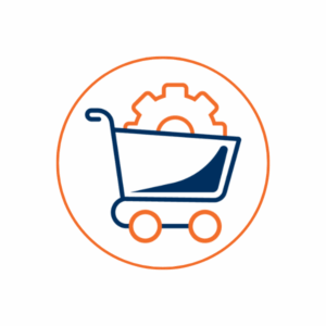 Icon of a shopping cart with an orange gear inside, outlined in navy blue and orange, representing e-commerce or operations.