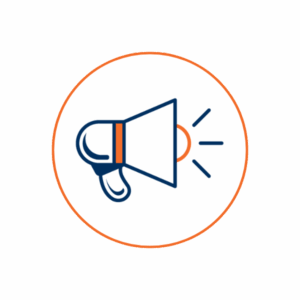 Blue and orange megaphone emitting sound lines, representing marketing, outreach, or public announcements.