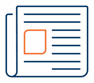 Blue outline of a newspaper with an orange feature box, representing news, updates, or press releases.