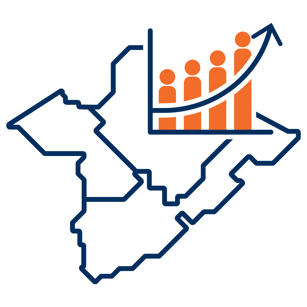Outline of a regional map with an upward-trending bar graph inset featuring four orange figures, symbolizing population or economic growth in the area.