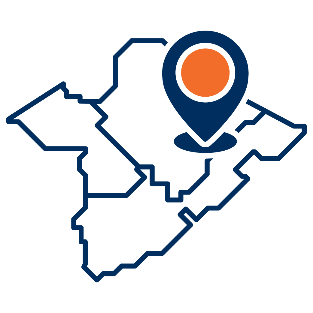 Stylized map outline of the Berkeley-Charleston-Dorchester region in South Carolina with a large blue map pin icon centered on it, featuring an orange circle in the middle.