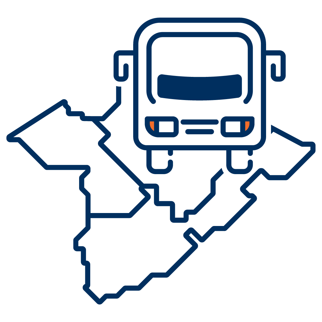 Outline of a regional map with a blue and orange bus icon in the center, representing public transportation services across the region.