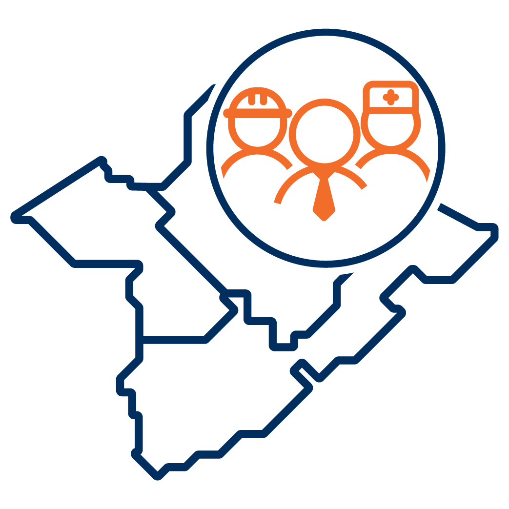 Outline of a regional map with a circular inset showing three orange icons representing workers — a construction worker, a professional in a tie, and a healthcare worker — symbolizing workforce development.